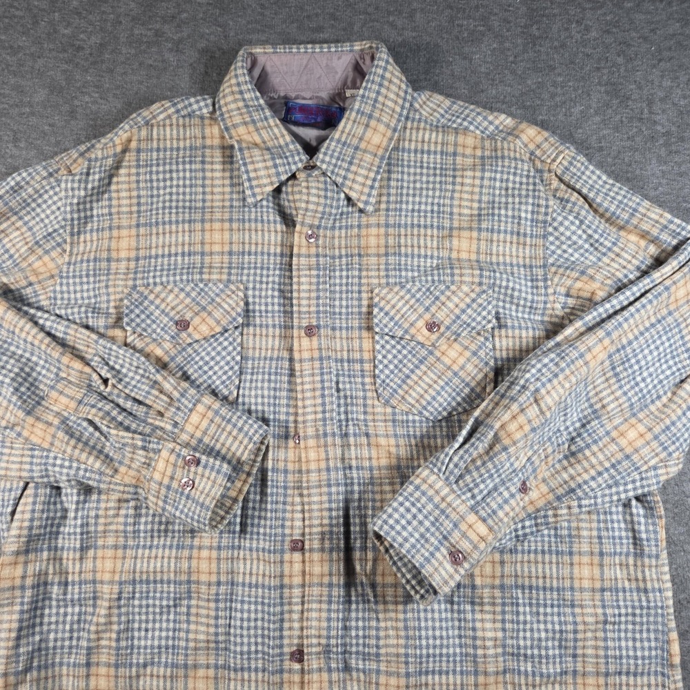 Vintage Ponderosa Shirt Mens XL Blue Beige Plaid Wool Blend Western Flannel 90s